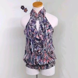 Smocked waist multicolor sleeveless ruffle blouse